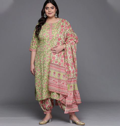 Women Green Floral Printed Pure Cotton Kurta with Salwar & With Dupatta